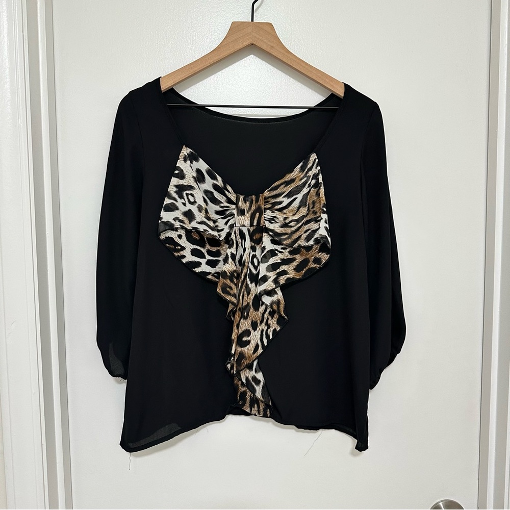 BRENDA’S | Chic Black Top with Leopard Print Bow